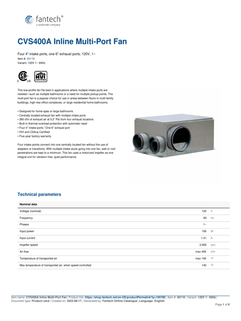 CVS400A Inline Multi-Port Exhaust Fan | PDF | Mains Electricity ...