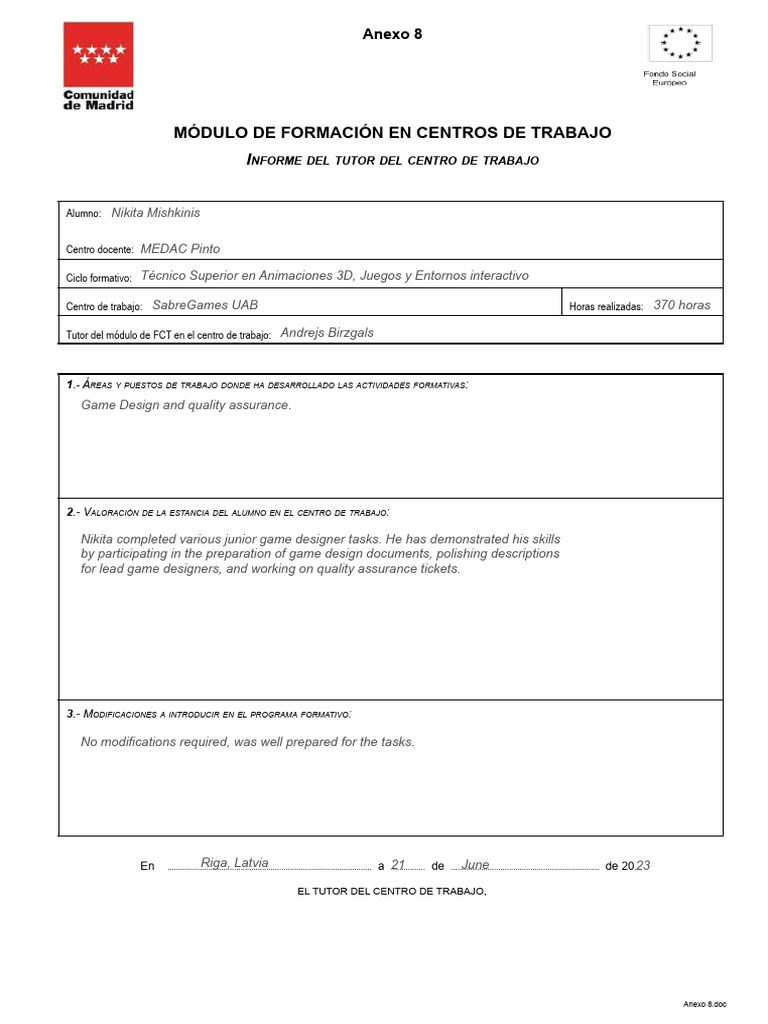 Módulo de Formación en Centros de Trabajo: Anexo 8 | PDF | Arte ...