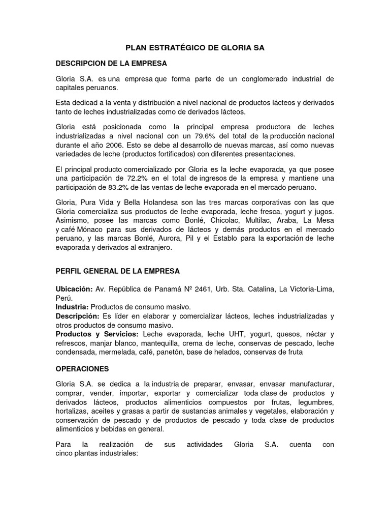 Plan Estratégico de Gloria S.A. en Lácteos | PDF | Marketing | Análisis ...