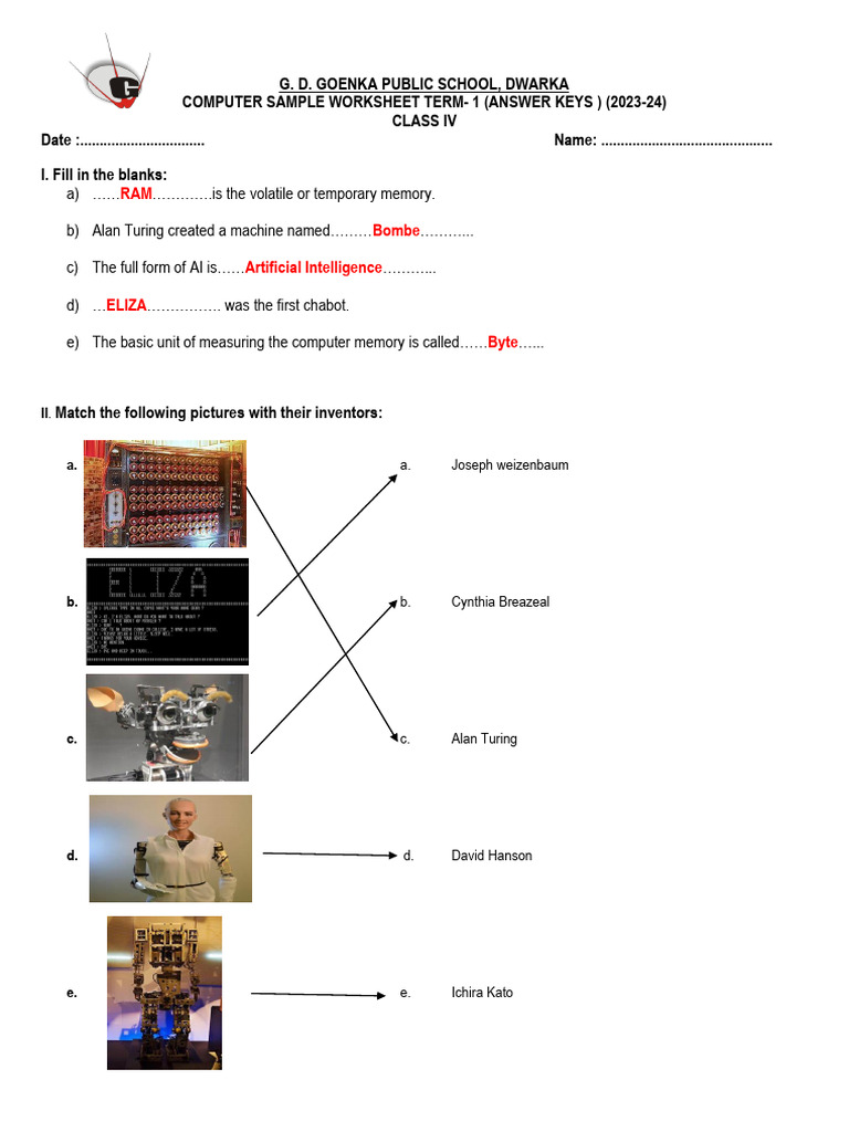 ANSWER KEYS COMPUTER CLASS 4 Sample Worksheet Term-1 2023-24 | PDF