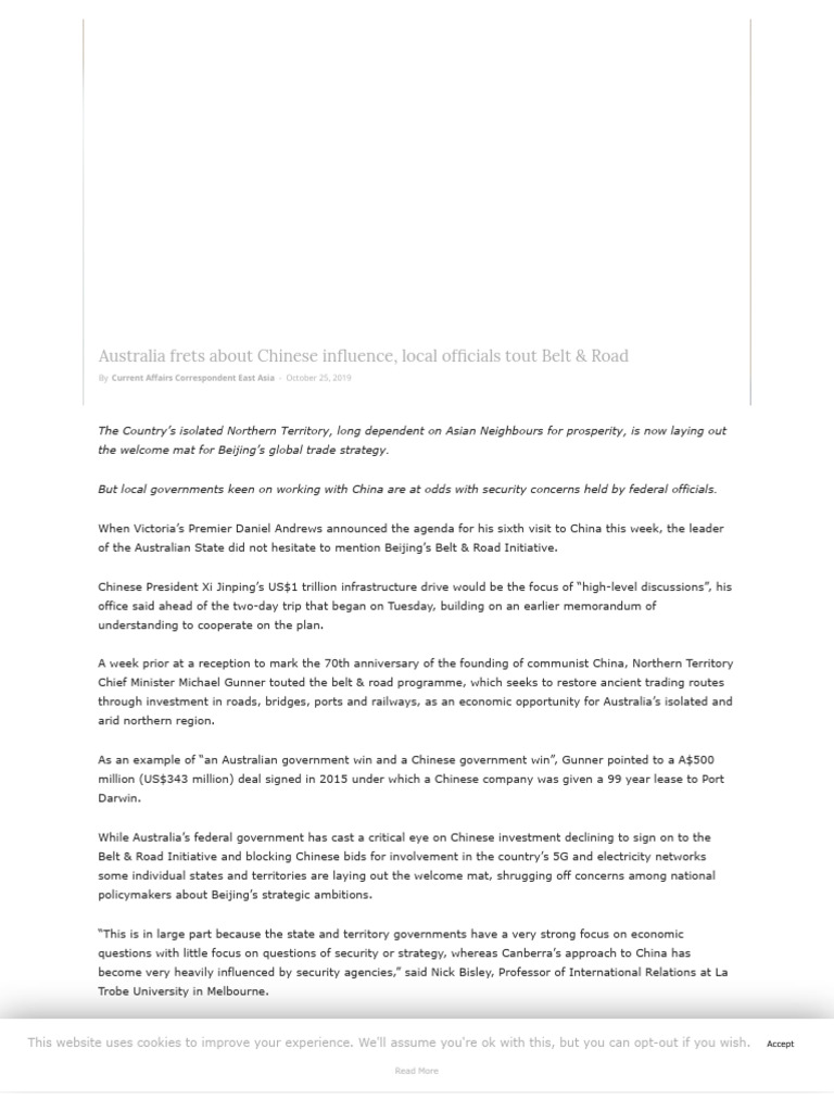 Australia Frets About Chinese Influence, Local Officials Tout Belt