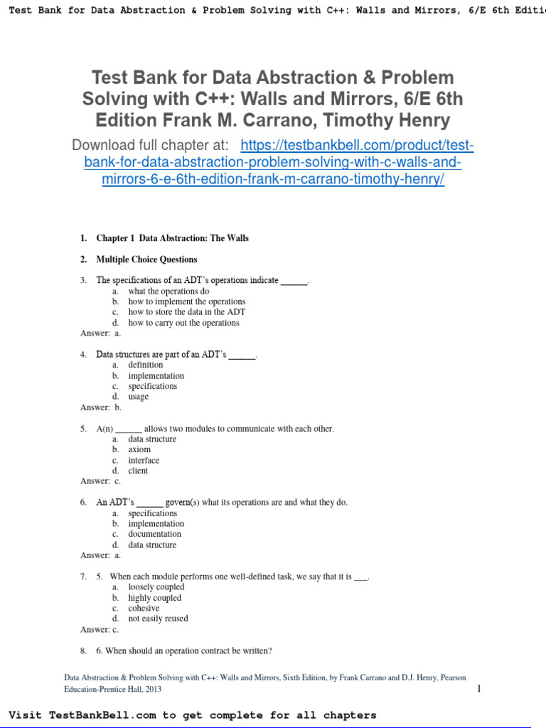 Test Bank For Data Abstraction Problem Solving With C Walls and Mirrors ...