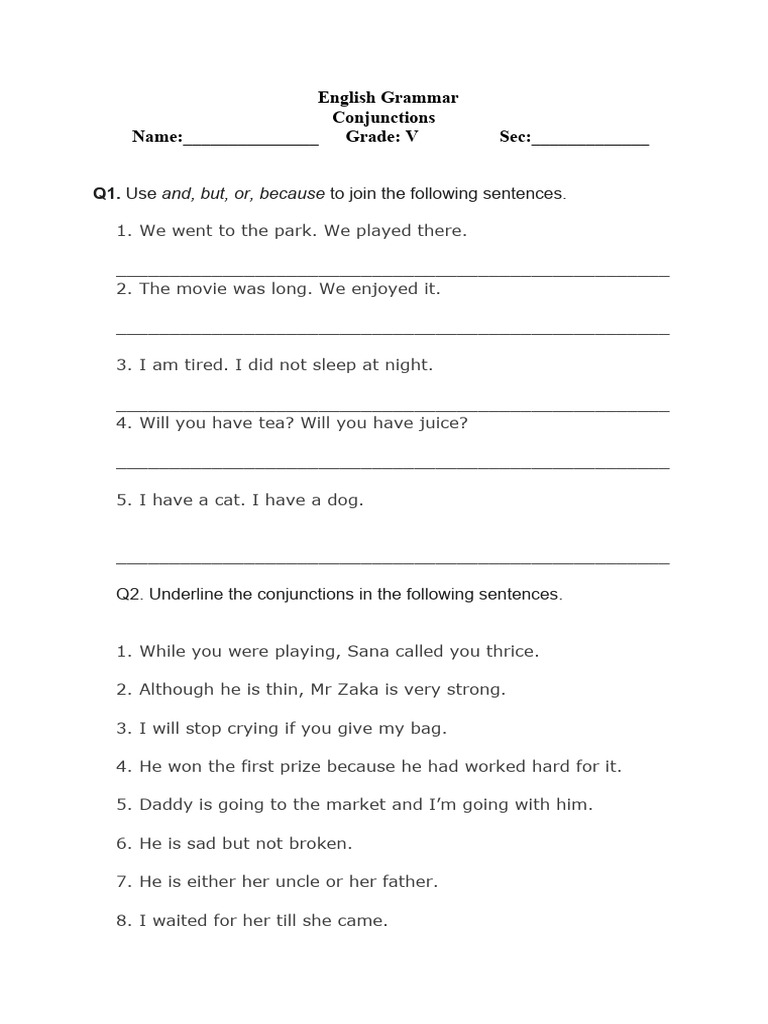 Worksheet Conjunctions PDF