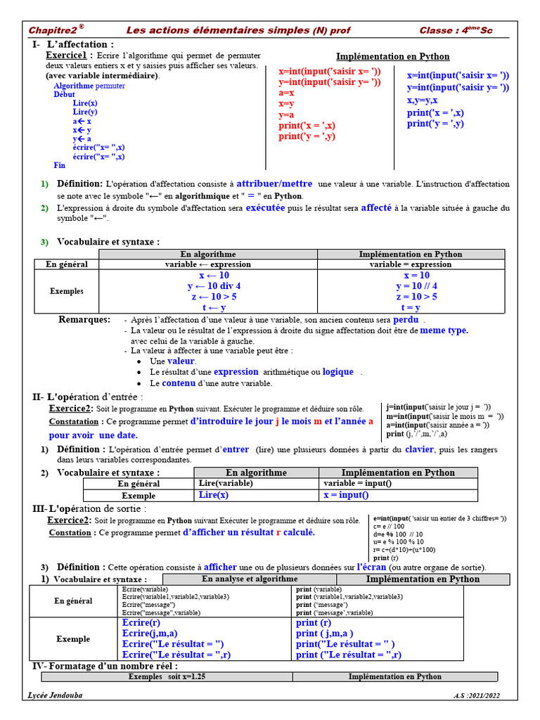 Chapitre 2 - Les Structures Simples - N - Prof 2021-2022 | PDF | Python ...