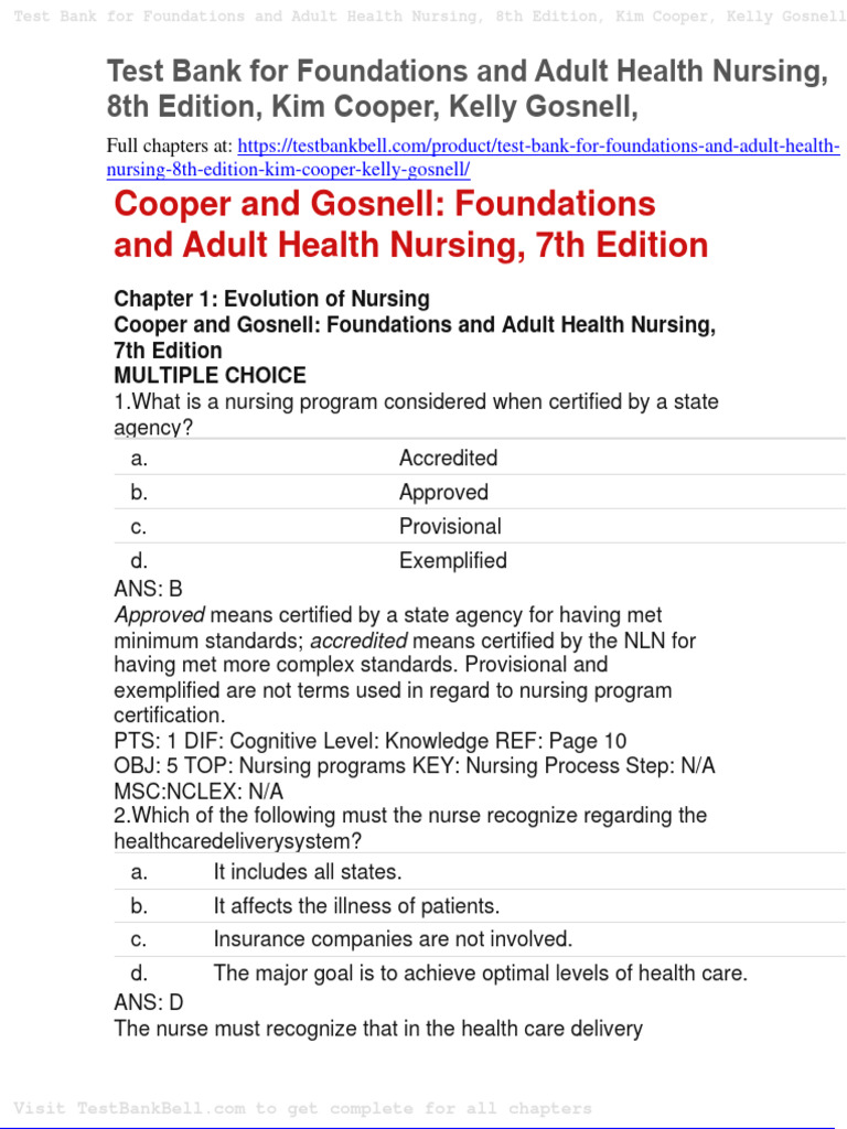 Test Bank For Foundations and Adult Health Nursing 8th Edition Kim