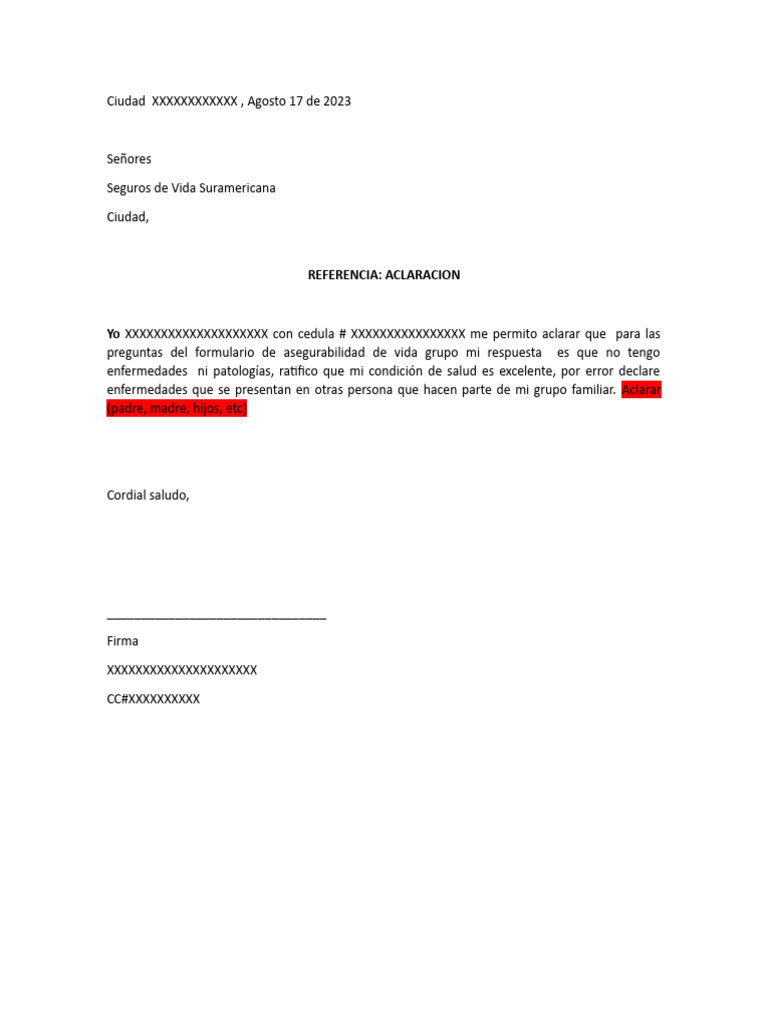 Modelo de Carta Aclaratoria de Salud | PDF