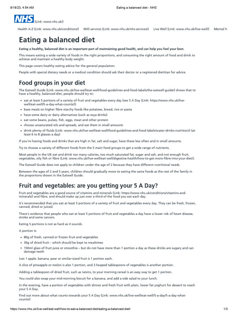 NHS Guide to a Balanced Diet | PDF | Healthy Diet | Fat