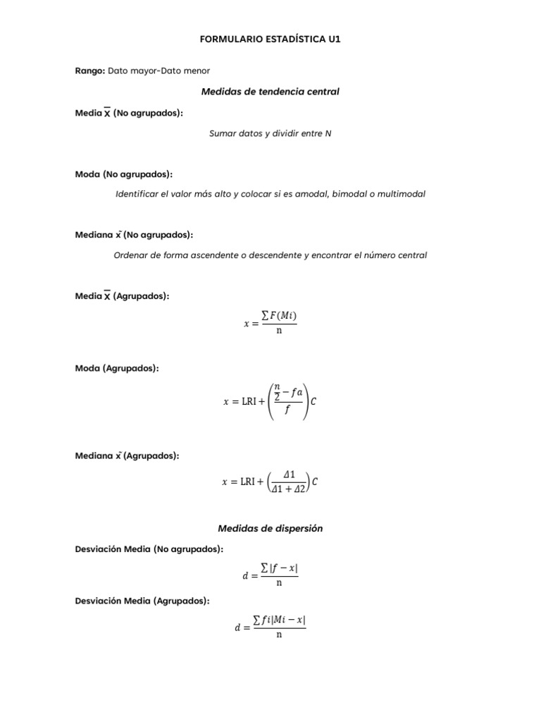 Fórmulas de Estadística U1 | PDF | Modo (Estadísticas) | Desviación ...