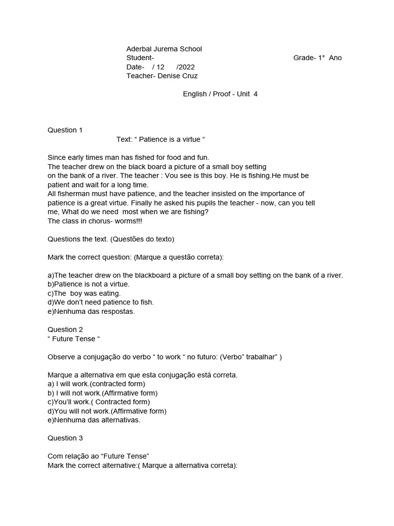 Prova de Inglês - 1° Ano - 4° Bimestre | PDF | Tipologia linguística ...