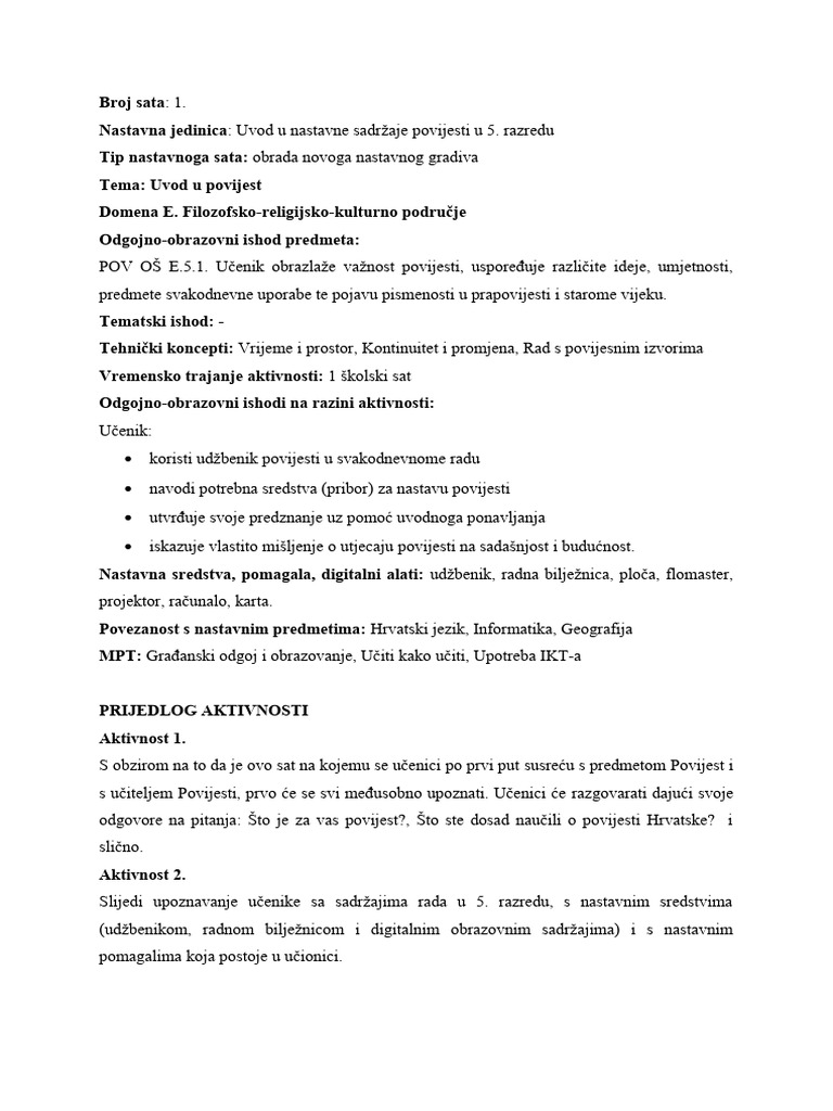 1 Uvod U Nastavne Sadr aje Povijesti U 5 Razredu PDF