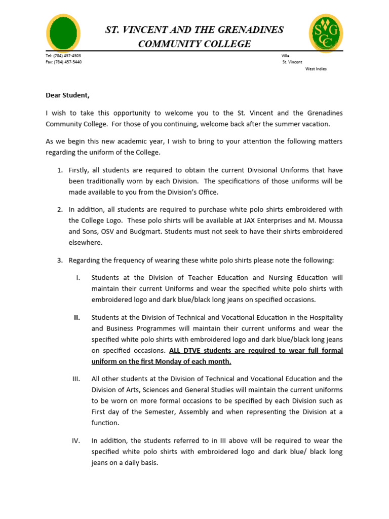 Letter Re. Uniform Requirements PDF Trousers Consumer Goods