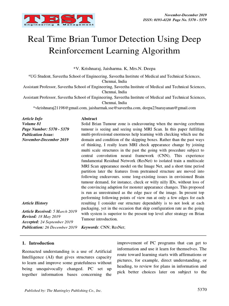 Deep Learning for Brain Tumor Detection | PDF | Deep Brain Stimulation ...