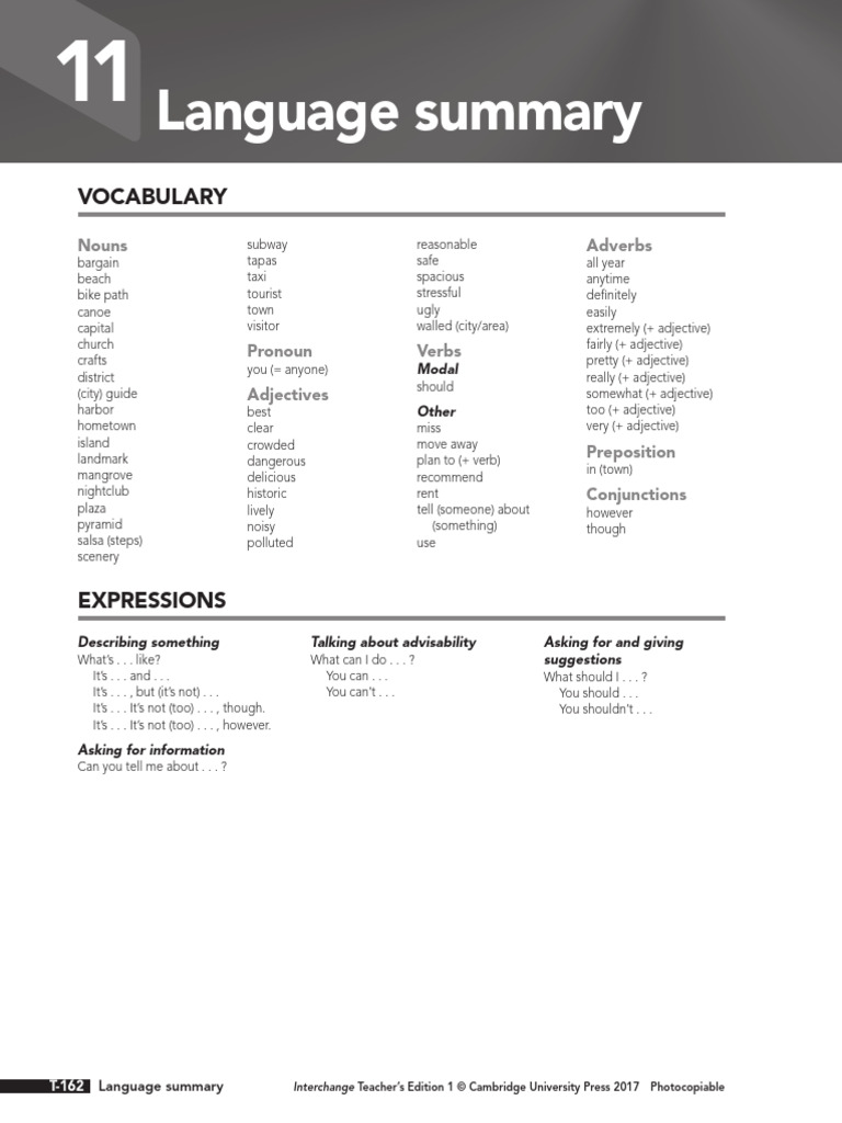 Interchange5thEd Level1 Language Summary Unit11 | PDF | Adjective | Verb