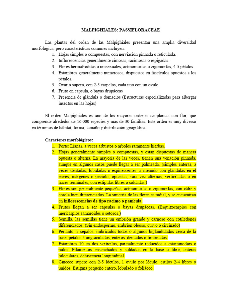 Características de Malpighiales y Passifloraceae | PDF | Flores | Hoja