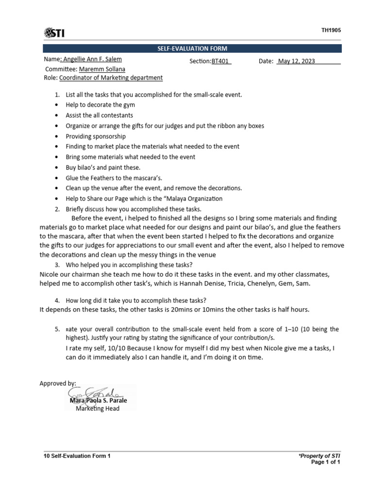 10 Self-Evaluation Form 1 TP - SALEM | PDF | Career & Growth
