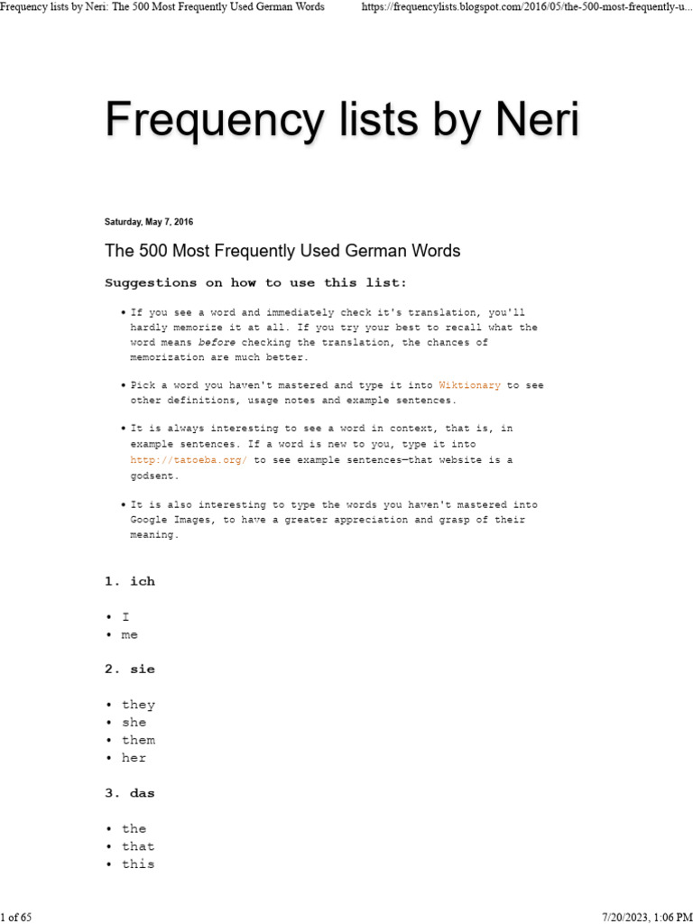 Frequency Lists by Neri The 500 Most Frequently Used German Words PDF