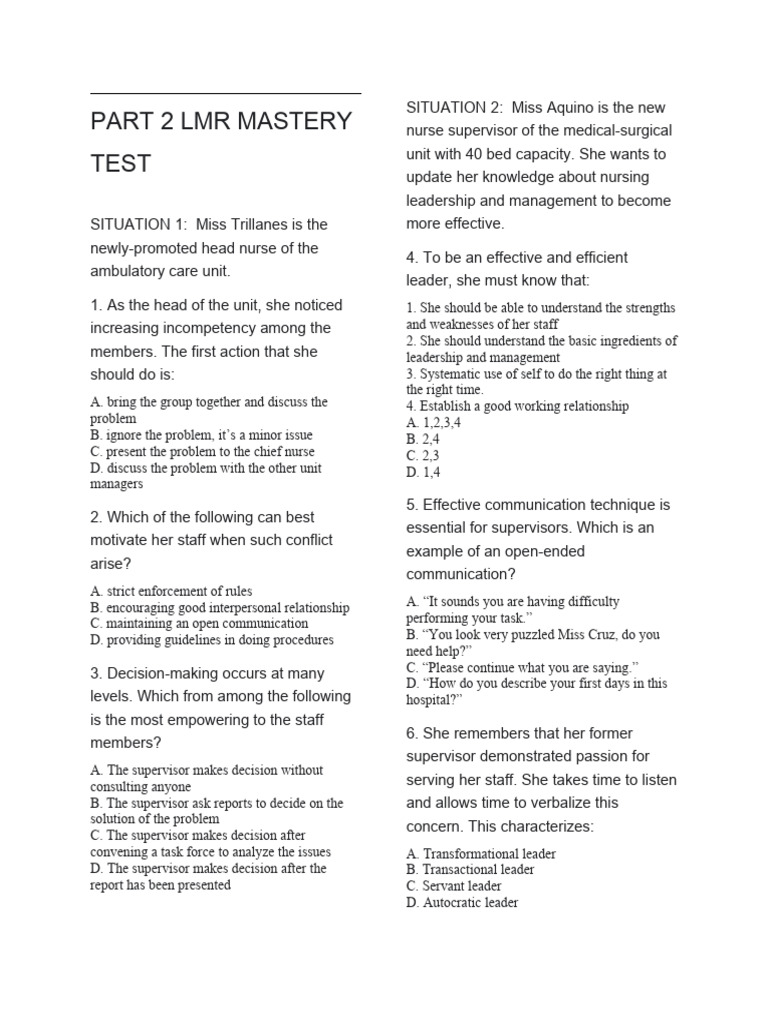Part 2 lmr mastery test download free pdf nursing leadership