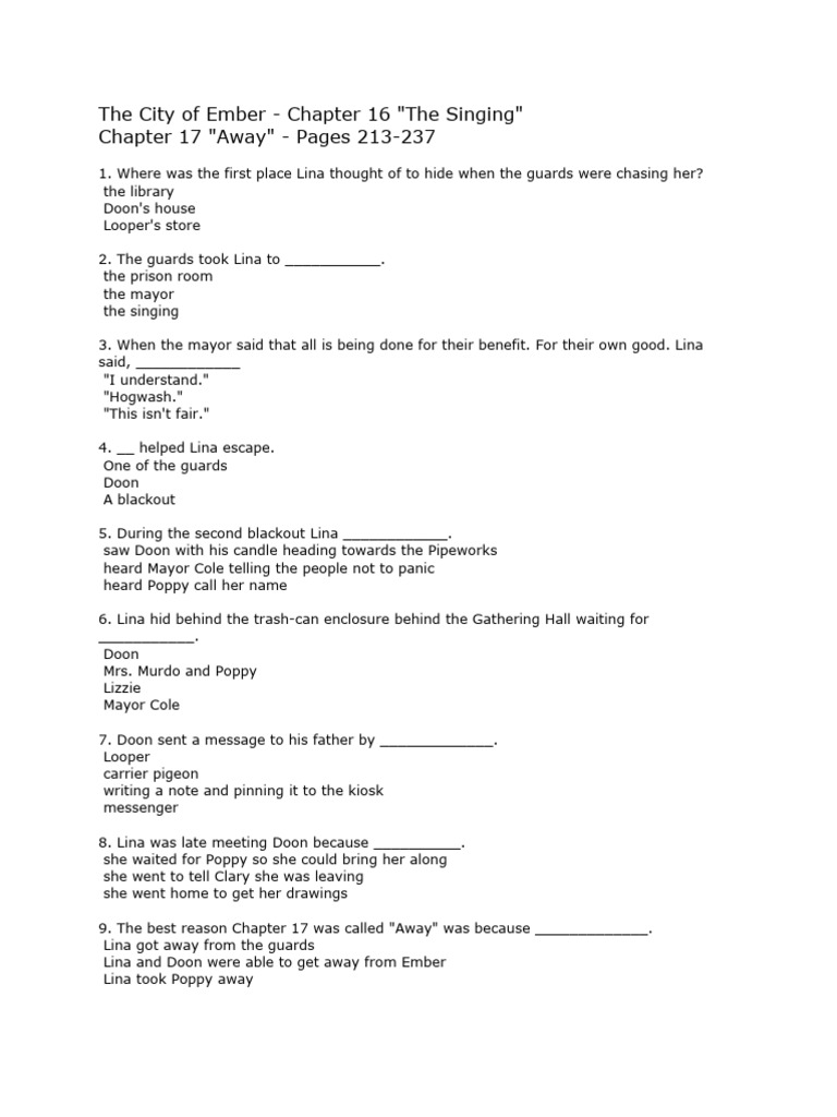 The City of Ember Chapter 16-17 Quiz | PDF