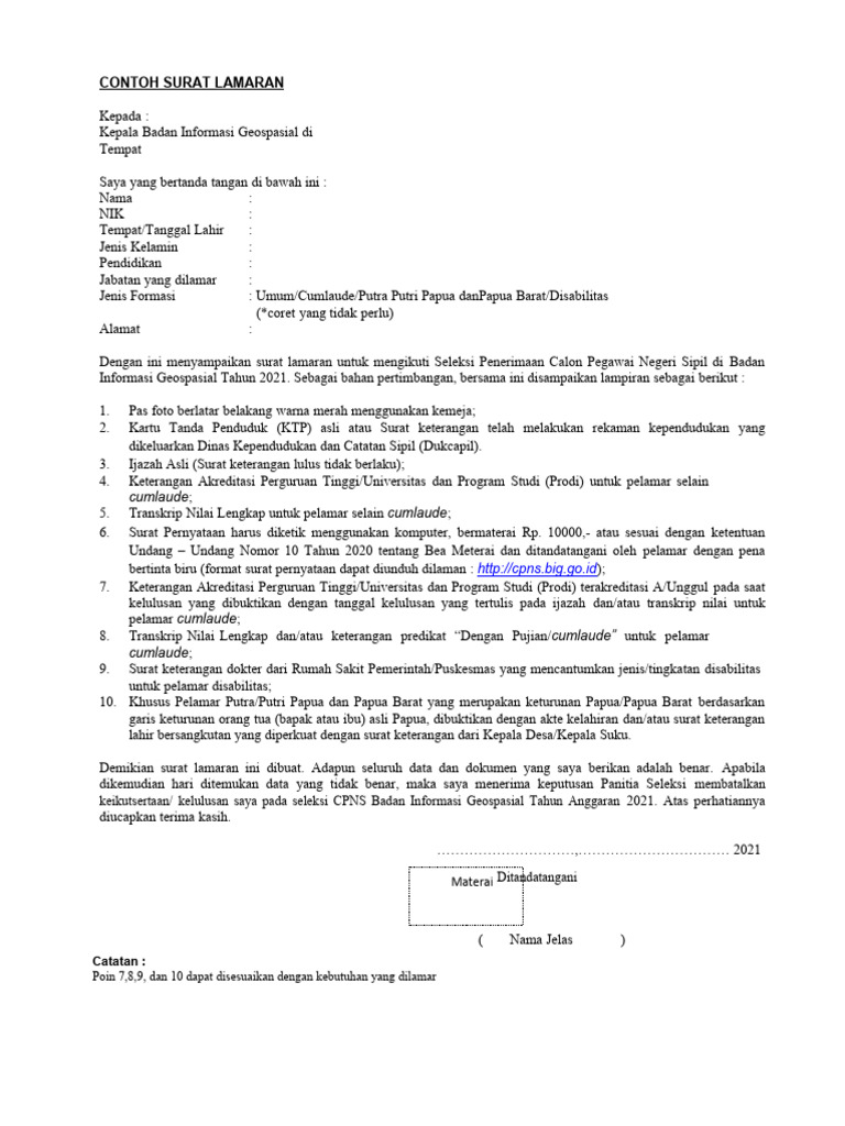 Contoh Surat Lamaran CPNS 2021 | PDF