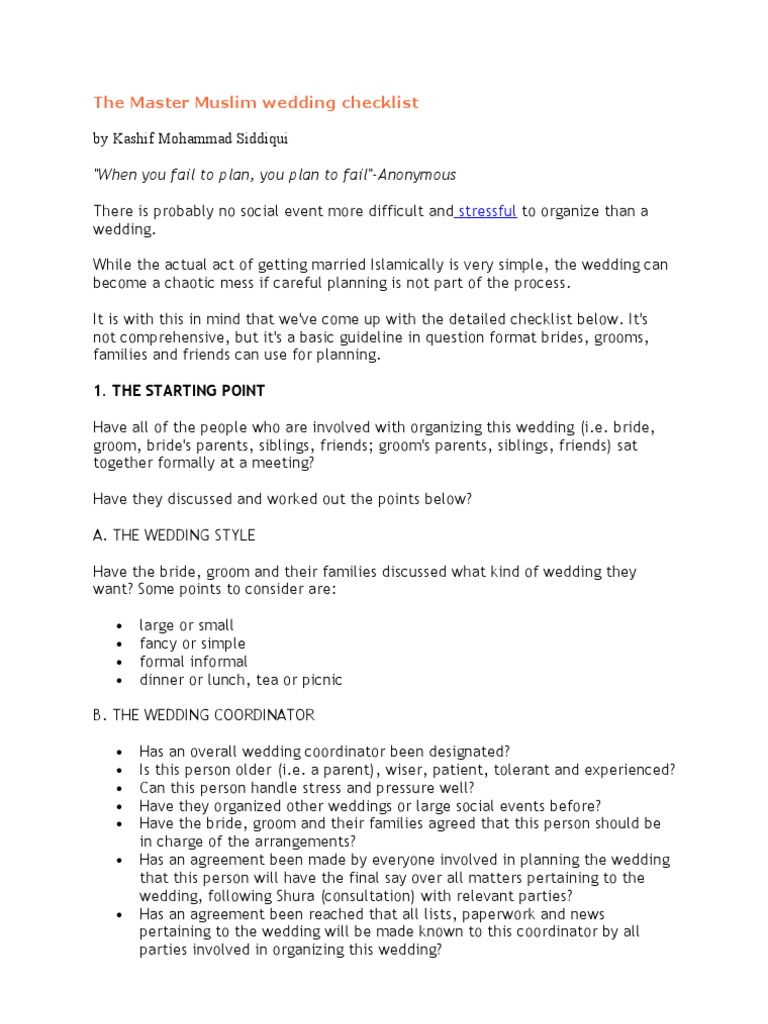 Master Checklist for Muslim Weddings | PDF | Wedding | Marriage