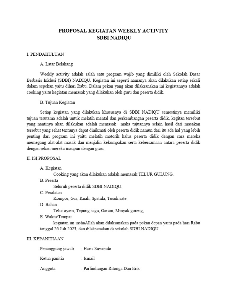 Proposal Kegiatan Weekly Activity | PDF | Memasak, Makanan, & Anggur