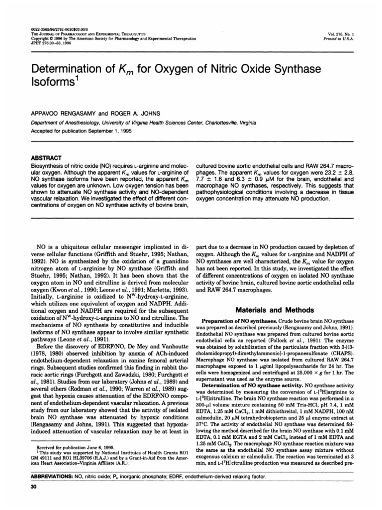 Determination of For Oxygen of Nitric Oxide Synthase Isoforms1 PDF Nitric Oxide Synthase
