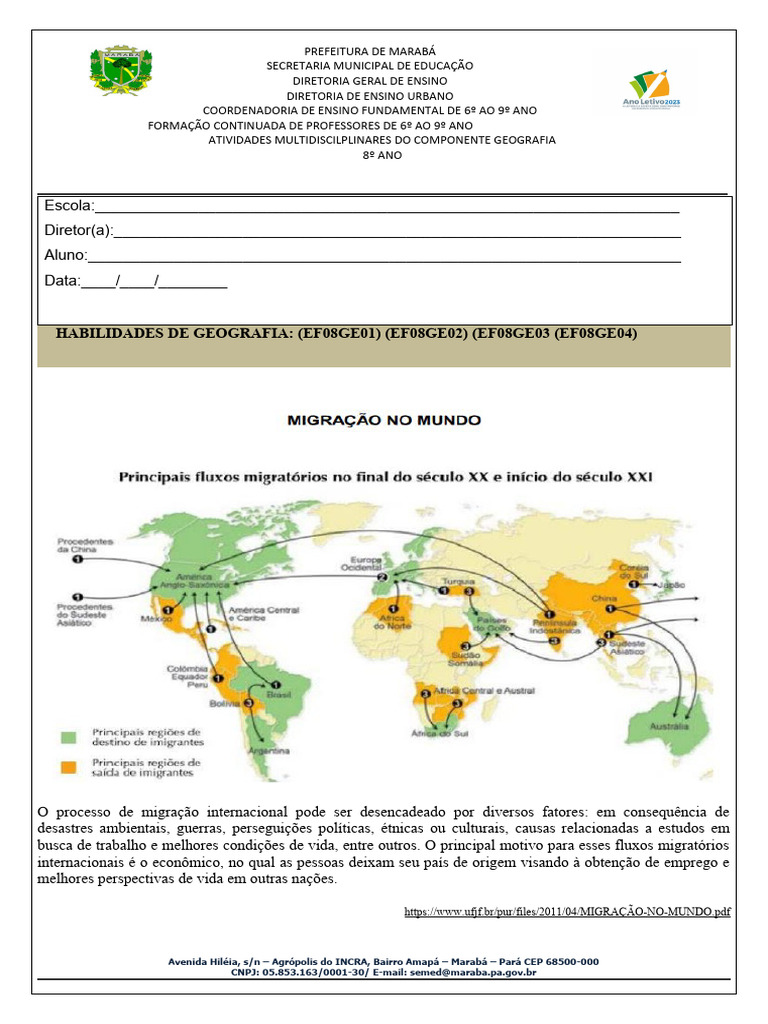 Atividades de Geografia: Migrações 8º Ano | PDF | Imigração | Migração ...