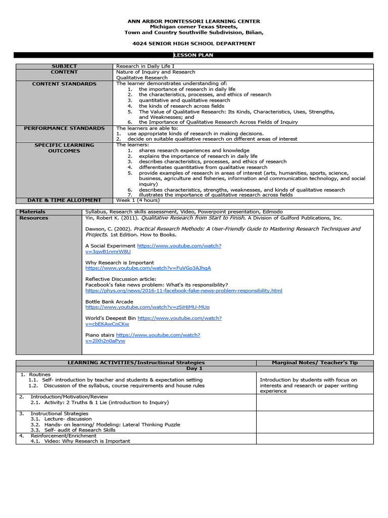 Practical Research 1 Lesson Plan Pdf Qualitative Research Learning