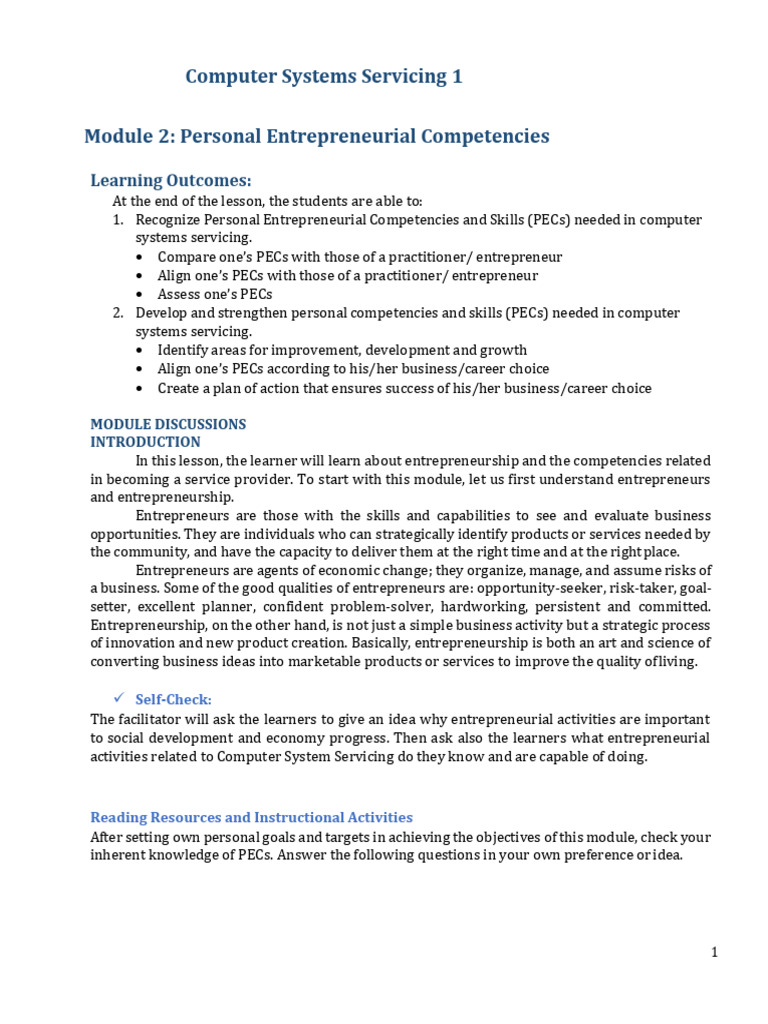 Personal Entrepreneurial Competencies in CSS | PDF | Entrepreneurship ...