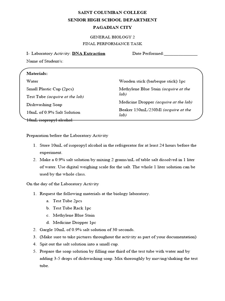 Dna Extraction Lab PDF Chemistry