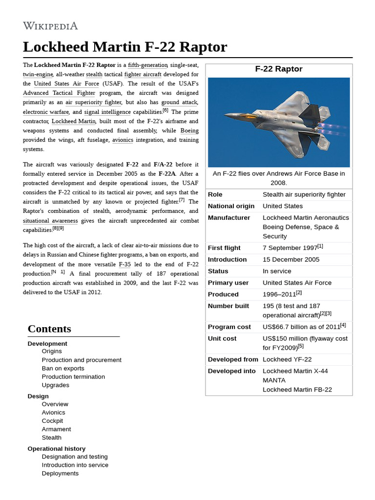 F-22 Raptor Overview and Specifications | PDF | Aerospace | Military ...