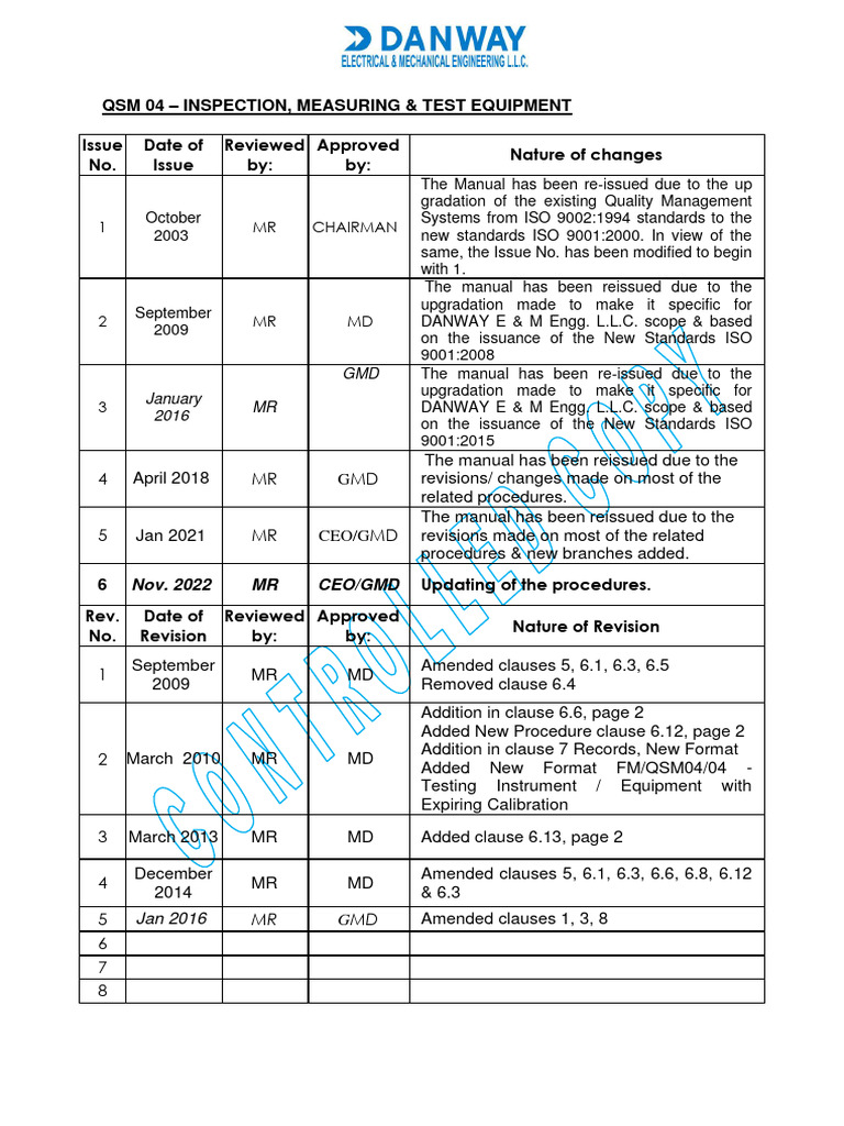 Procedure QSM 04 Inspection, Measuring & Test Equipment PDF Calibration