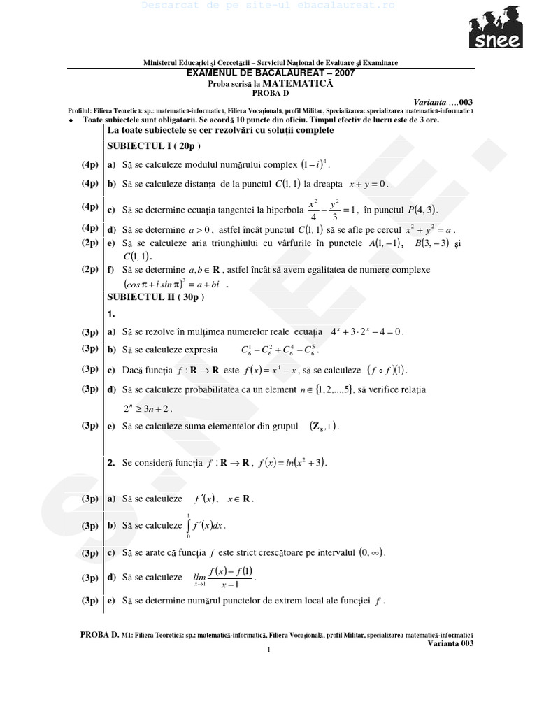 Varianta 003 Matematica M1 1 Bacalaureat 2007 Subiecte Si Rezolvari | PDF