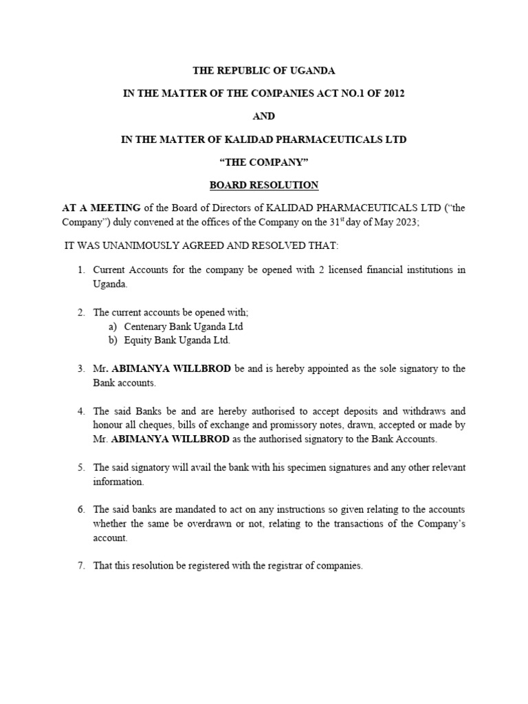 Board Resolution to Open Bank Accounts | PDF