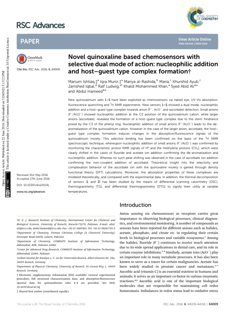 3.. Novel Quinoxaline Based Chemosensors With Selective Dual Mode of ...