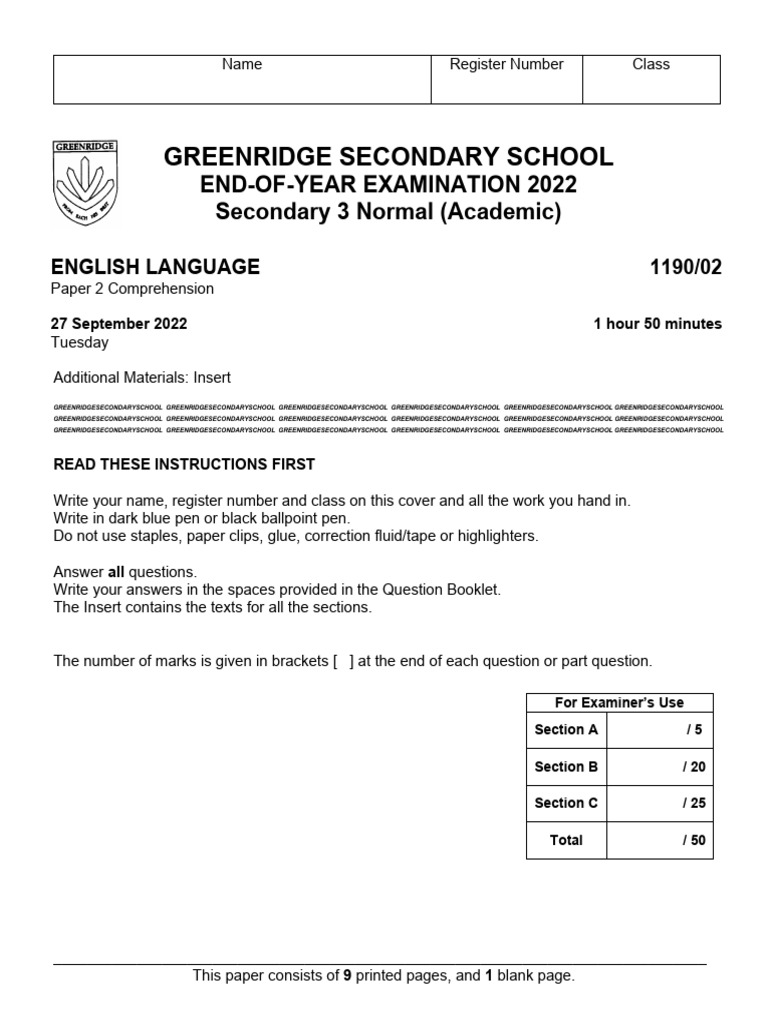 Sec 3 English Comprehension | PDF