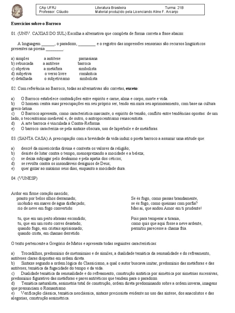 Exercícios sobre o Barroco aluno | Barroco | Science