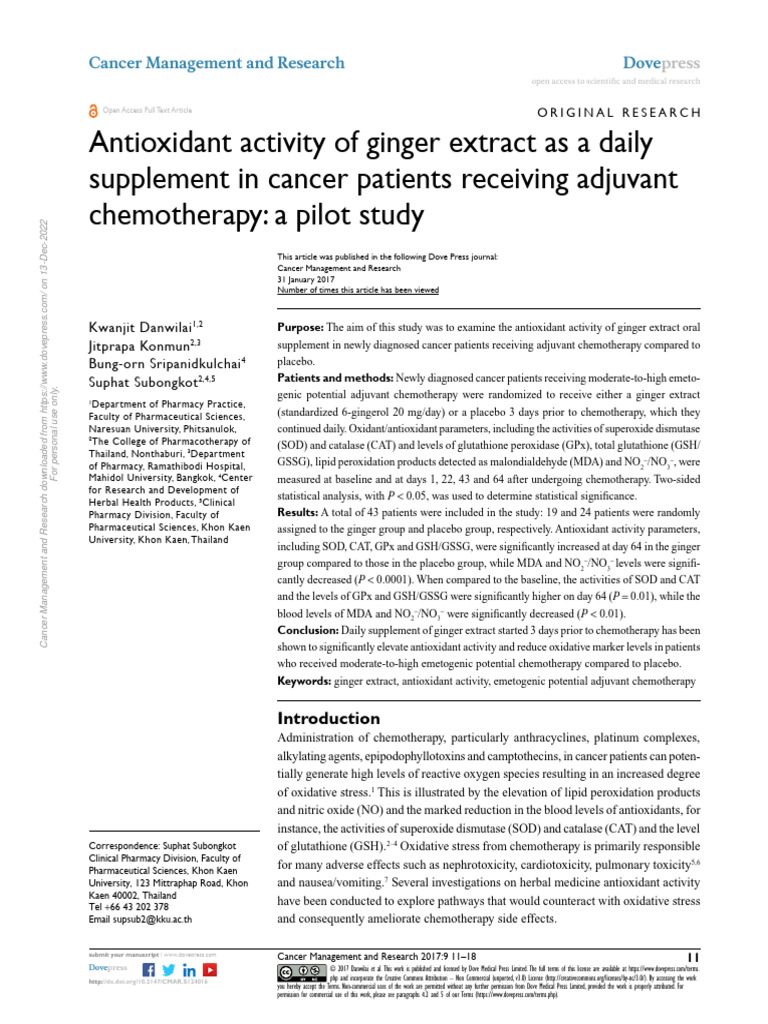 Antioxidant activity of ginger extract as a daily supplement in cancer