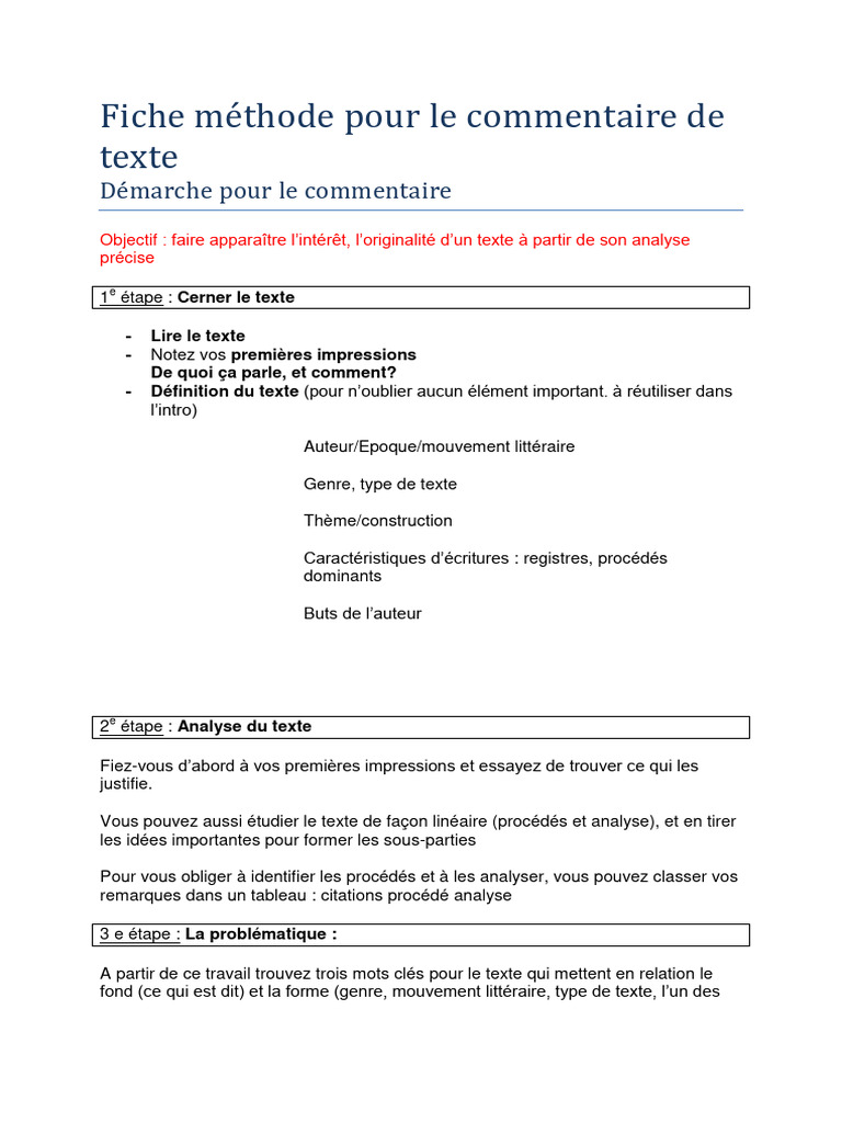 Méthode de commentaire de texte bac | PDF