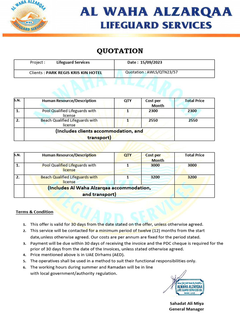 Lifeguard Services Quotation for Hotels | PDF | Government | Private Law