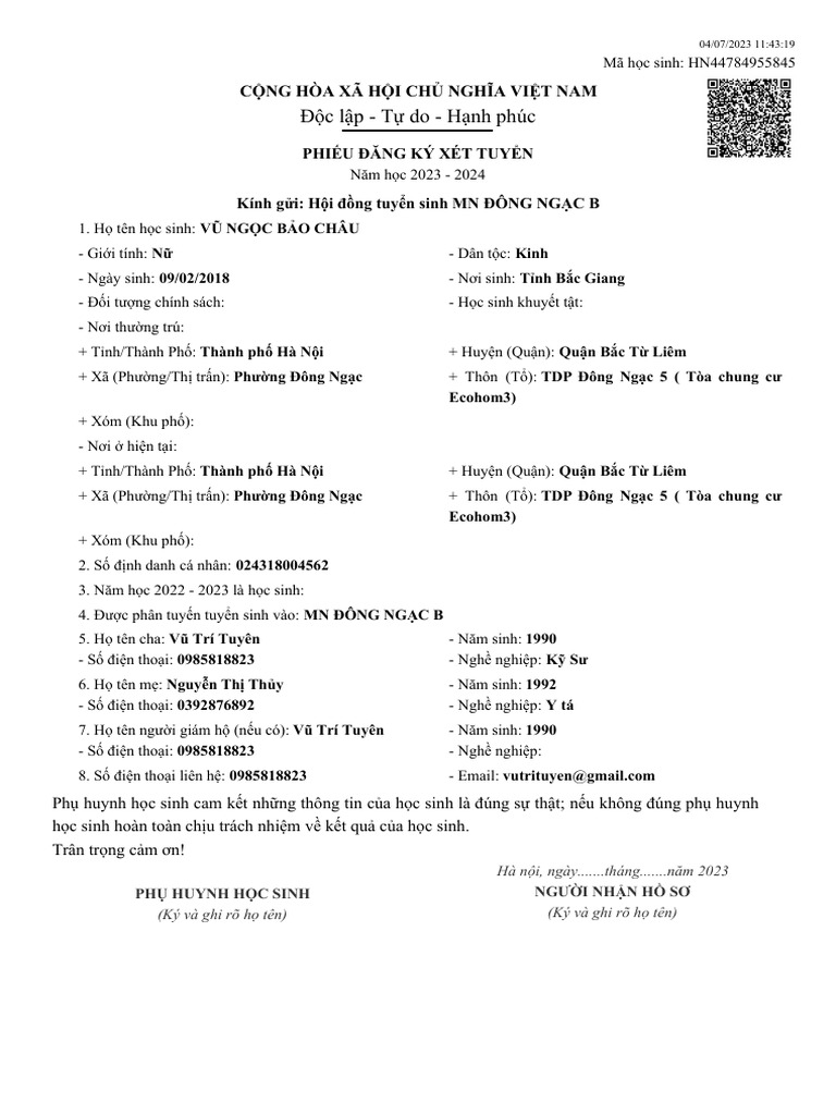 Phieu Thong Tin Hoc Sinh | PDF