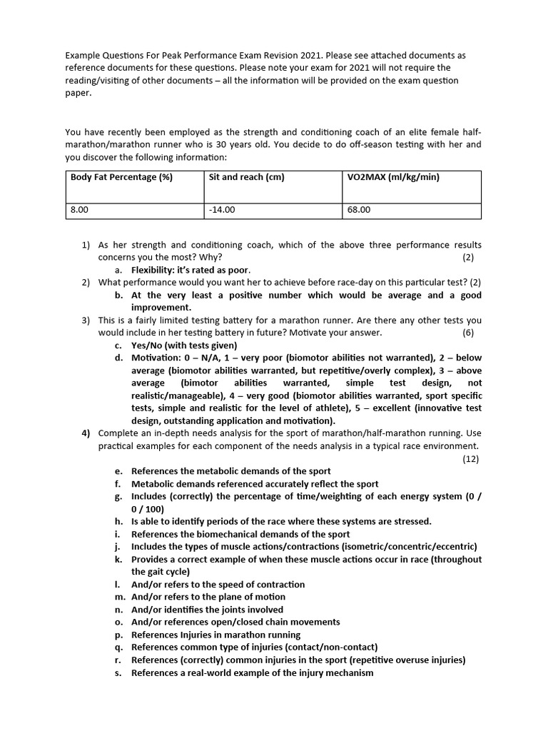Example questions for peak performance exam revision 2021 pdf