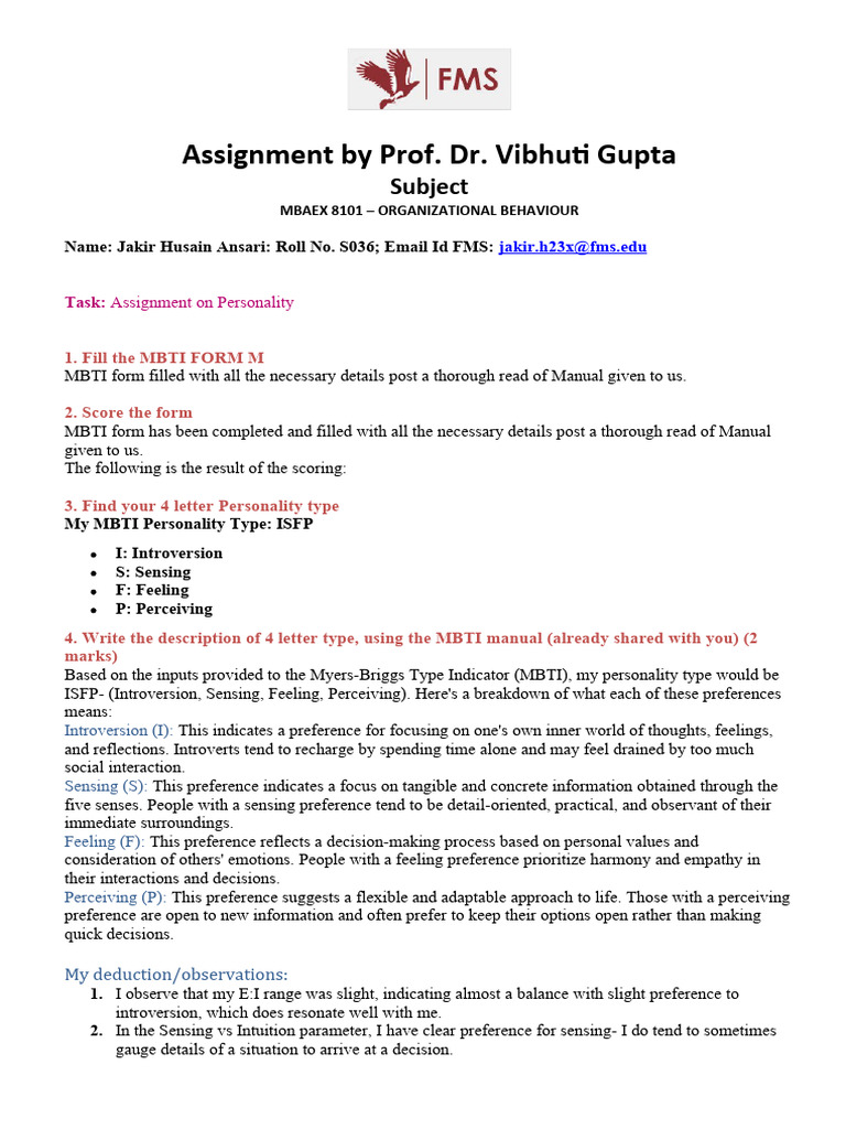 MBTI Assignment | PDF | Personality Type | Extraversion And Introversion