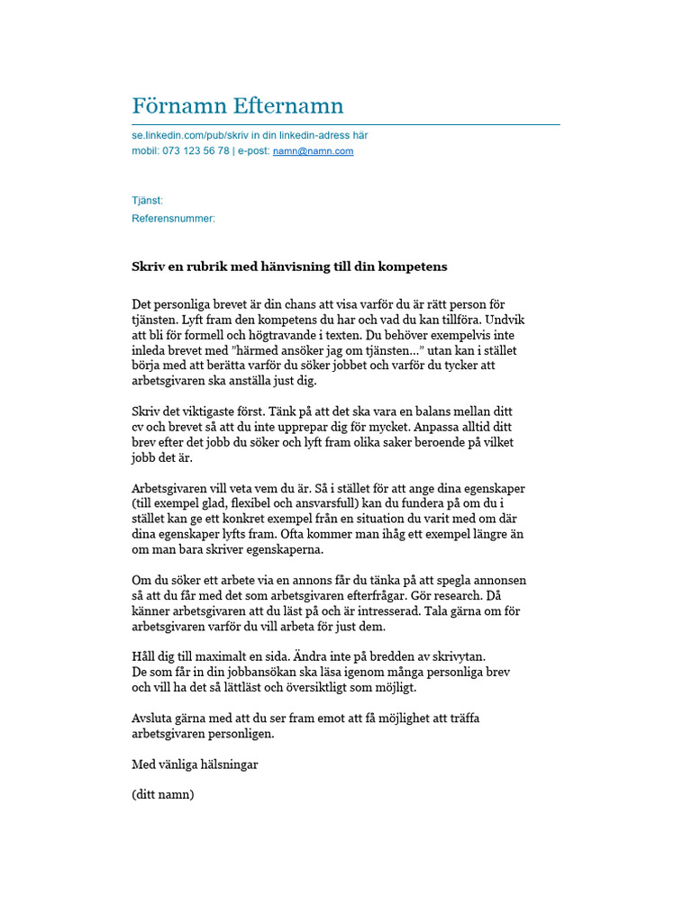 Mall Personligt Brev Arbetsförmedlingen | PDF