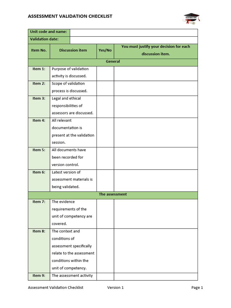 Training rto assessment validation checklist pdf learning cognition