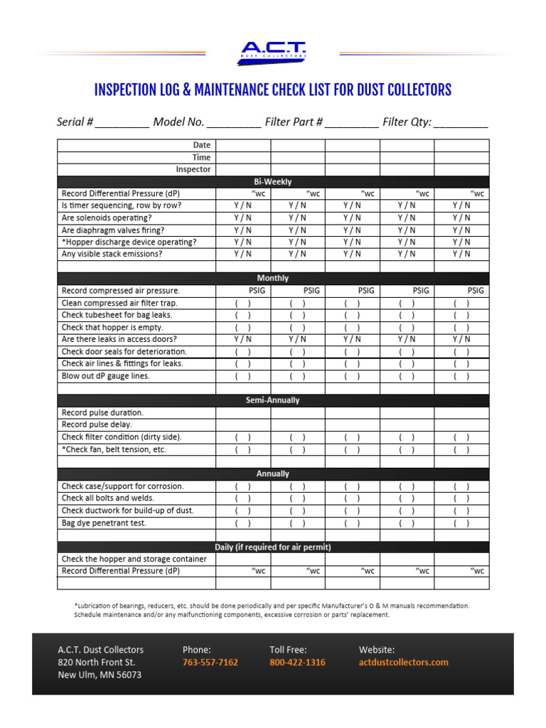 Dust Collector Maintenance Checklist | PDF | Gas Technologies | Gases