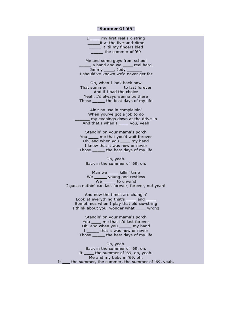 Summer of 69 Blanks PDF