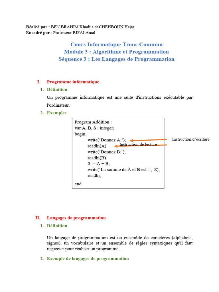 Cours d'Algorithme et Programmation | PDF | Langage de programmation ...
