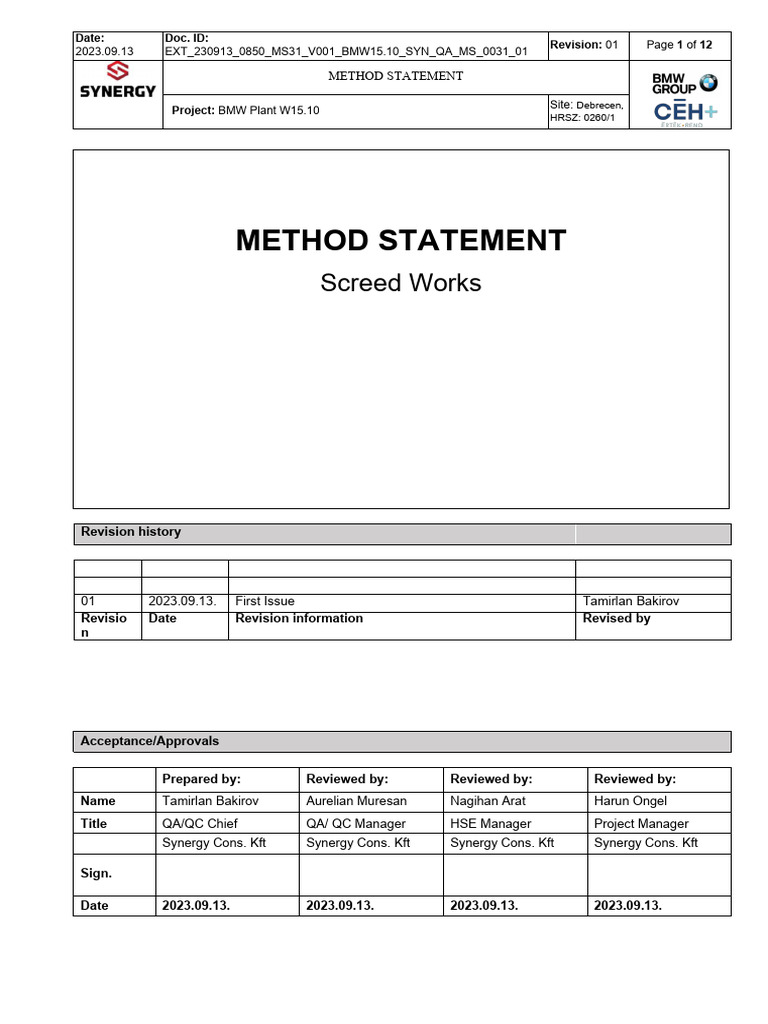 Screed Works Method Statement for BMW15 | PDF | Safety | Personal ...