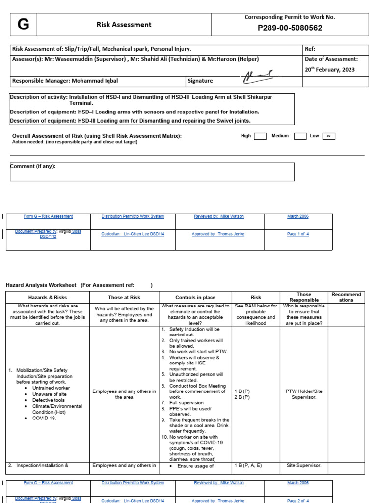 Hazard Assessment for Loading Arm Work | PDF | Risk | Hazards